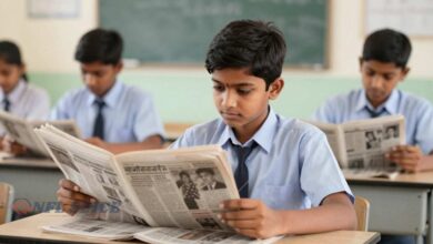 स्कूल में बच्चे अखबार पढ़ते हुए